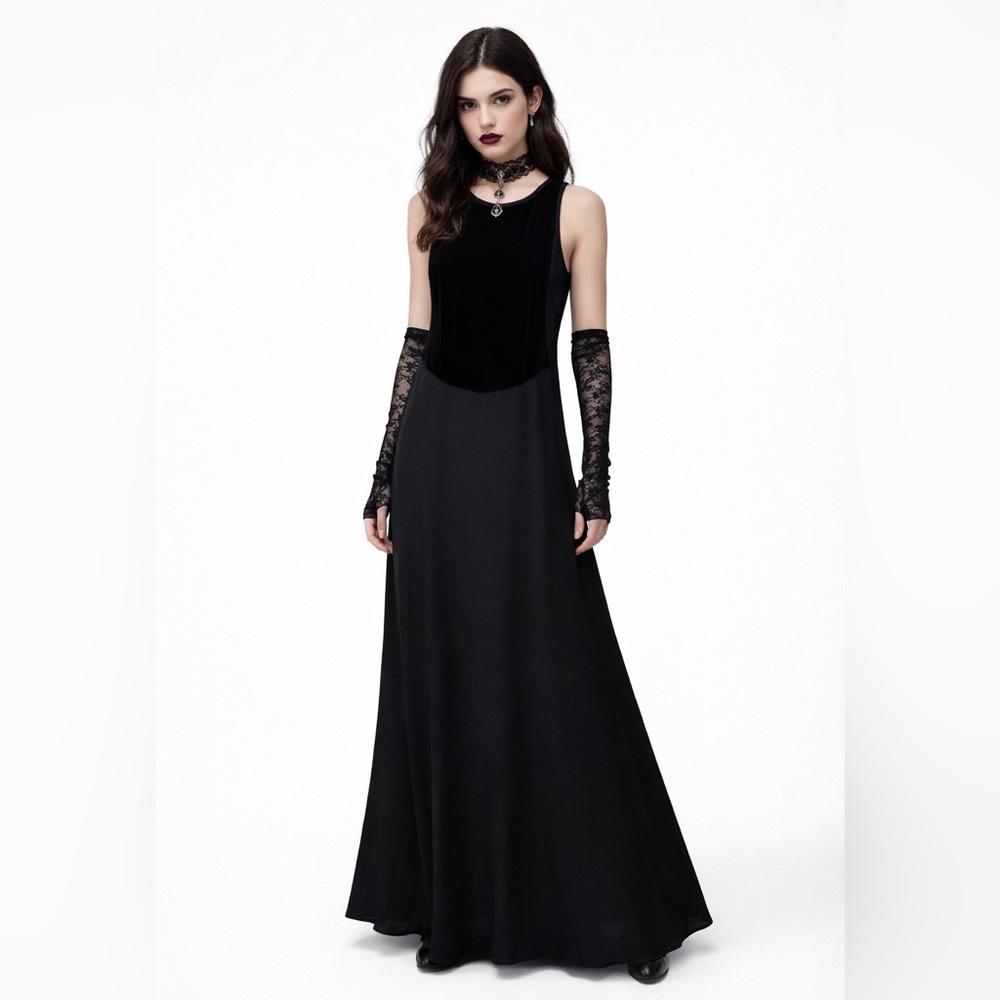Black Velvet Mesh Maxi Dress Sheer Low Back Vintage 90s Whimsigoth Dark Romance